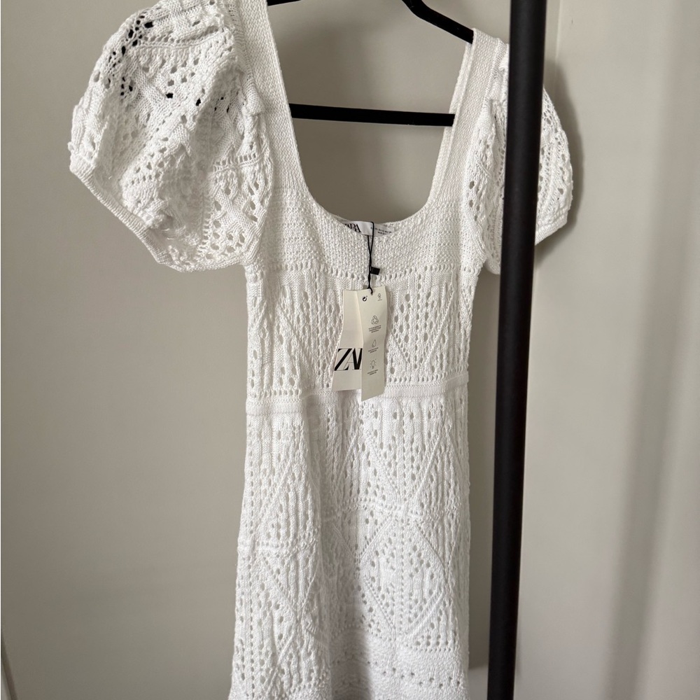 Zara White Crochet Mini Dress with Puff Sleeves